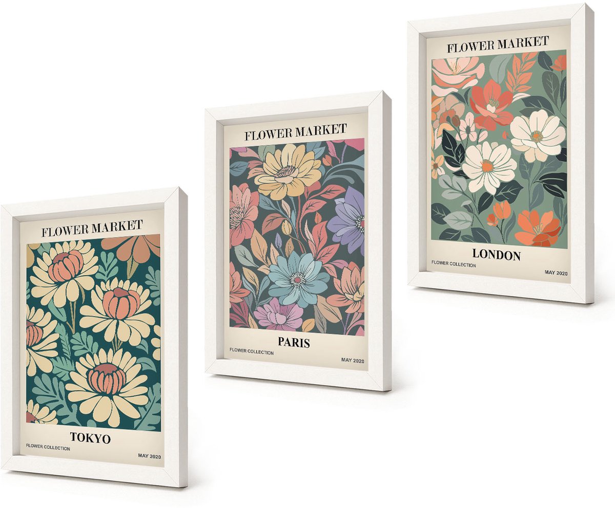 Coloray 3-Delige Schilderij Set - Bloemenposters Tokio Parijs Londen - 20x30 - Moderne Wanddecoratie - Slaapkamer