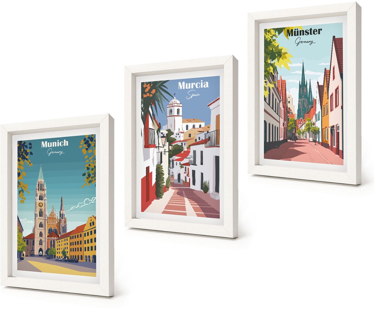 Coloray 3-Delige Schilderij Set - Europese steden in kleurrijke illustraties - 20x30 - Decoratieve Muurdecoratie - Slaapkamer - Moderne Wanddecoratie