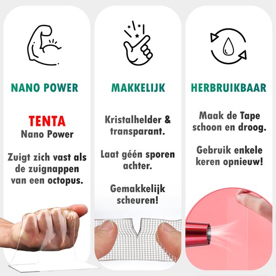 Drie illustraties: spierbundel voor "NANO POWER", hand met "MAKKELIJK" en föhn voor "HERBRUIKBAAR". Twee handen houden tape vast.