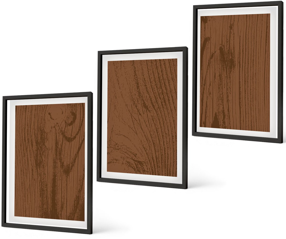 Coloray 3-Delige Schilderij Set - Houtpatroon, Boomschorsstructuur, Minimalisme - 40 x 60 cm - Wanddecoratie - Schilderijen Set - Kantoor - Interieur Decoratie Zwarte lijst