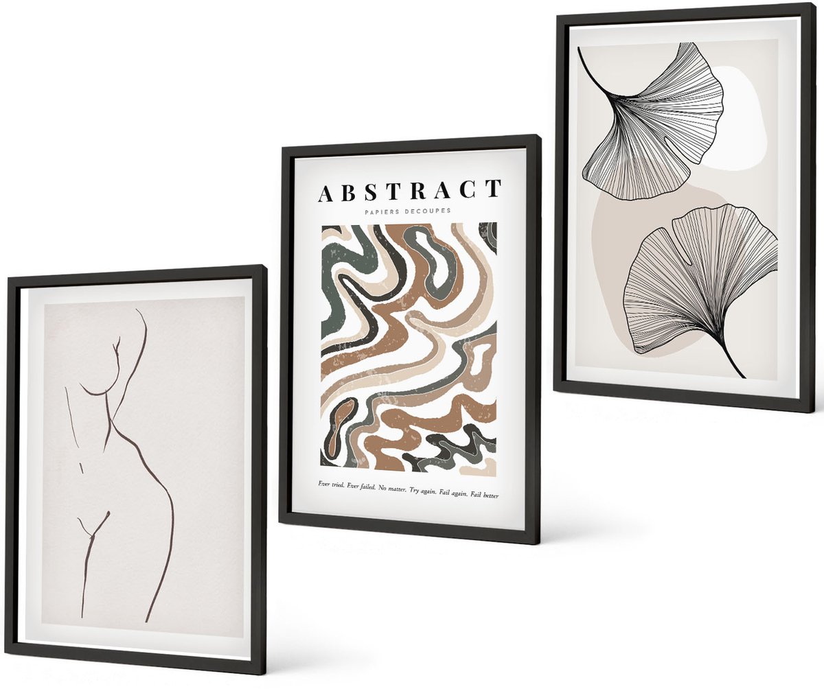 Coloray 3-Delige Schilderij Set - Abstracte Poster Met Vrouwelijke Vormen En Bladeren In Boho-Stijl. - 40 x 60 cm - Stijlvolle Muurdecoratie - Kantoor - Moderne Wanddecoratie