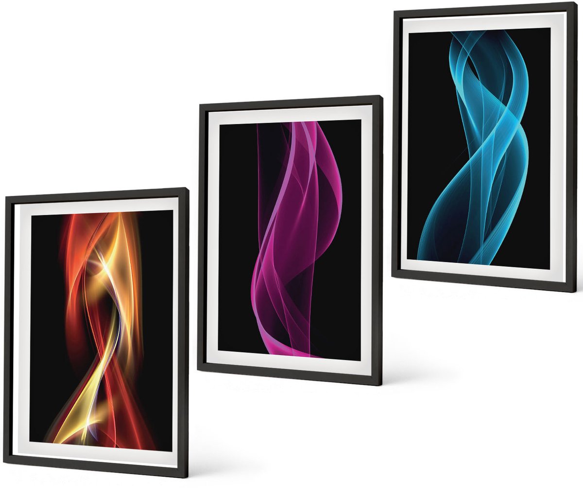 Coloray 3-Delige Schilderij Set - Golven Van Kleurrijke Neonlijnen Op Een Donkere Achtergrond - 40 x 60 cm - Muurdecoratie - Wanddecoratie - Slaapkamer - Interieur Decoratie