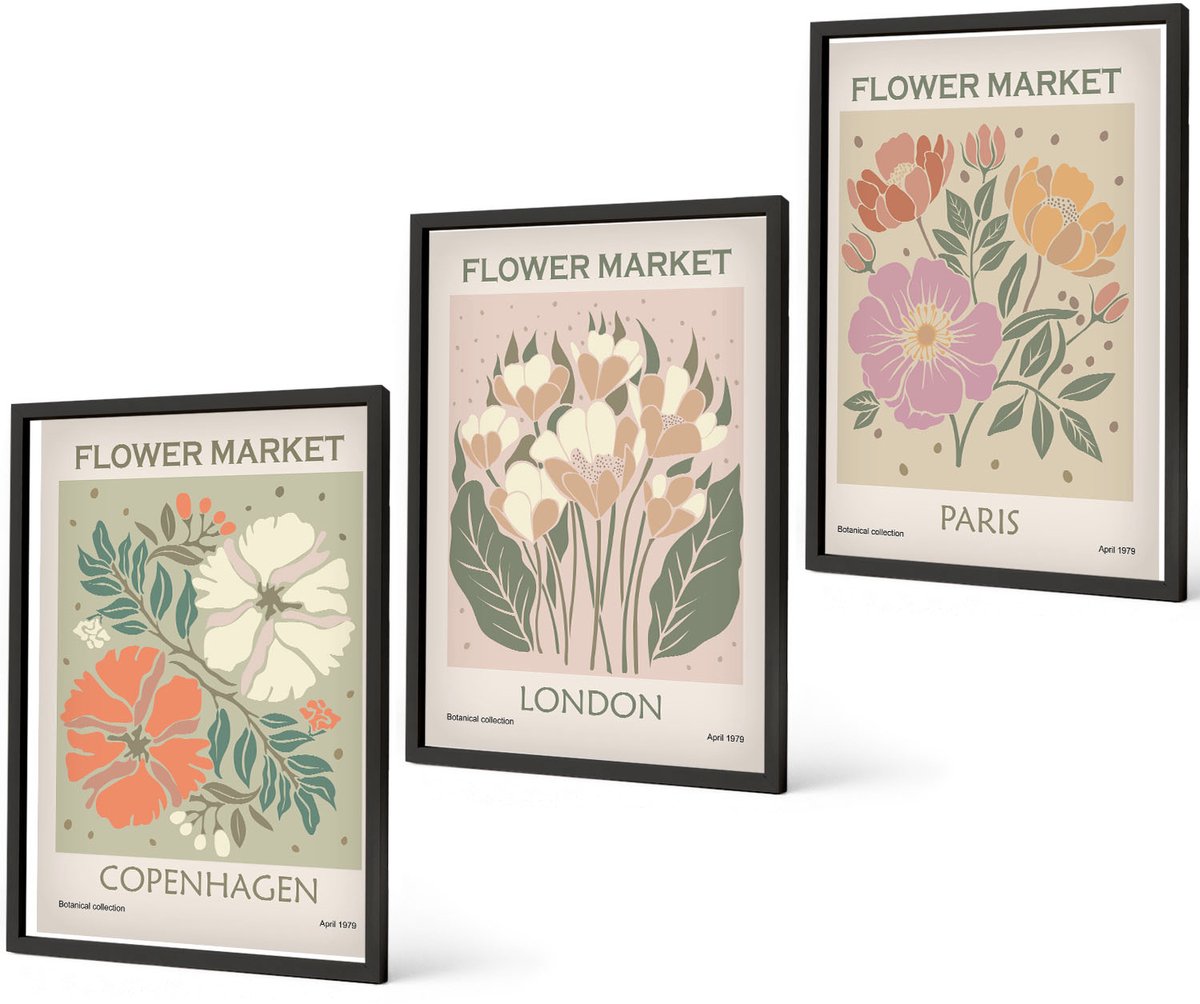 Coloray 3-Delige Schilderij Set - Bloemenposters Kopenhagen Londen Parijs - 40 x 60 cm - Wanddecoratie - Muurdecoratie - Moderne Interieurdecoratie