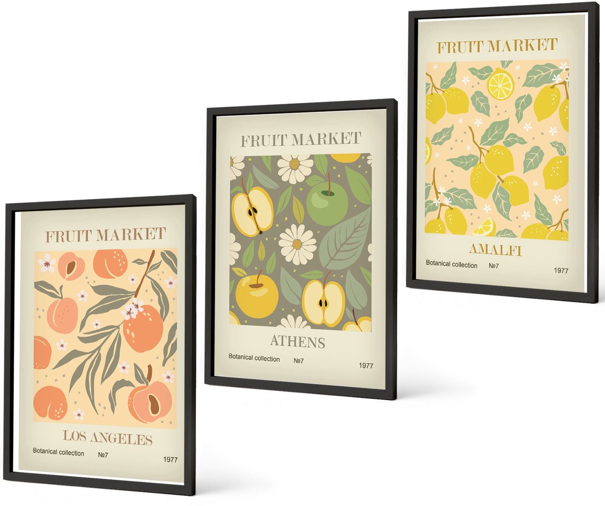 Coloray 3-Delige Schilderij Set - Posters Met Fruitmotieven In Retrostijl - 40 x 60 cm - Stijlvolle Muurdecoratie - Kantoor - Moderne Wanddecoratie