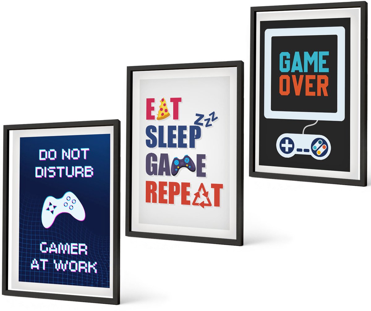 Coloray 3-Delige Schilderij Set - Ondertitels Voor Gamers Met Een Entertainmentthema - 40 x 60 cm - Wanddecoratie - Schilderijen Set - Kantoor - Decoratieve Schilderijen