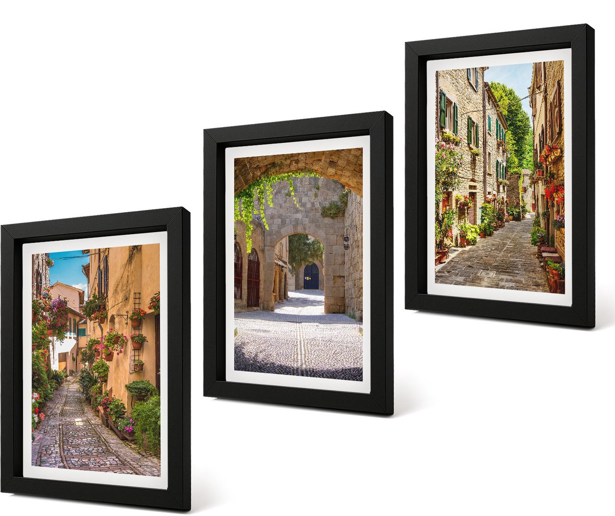 Coloray 4-Delige Schilderij Set - Italiaanse straten met bloemen en architectonische landschappen - 20 x 30 cm - Muurdecoratie - Interieur Decoratie - Decoratieve Schilderijen