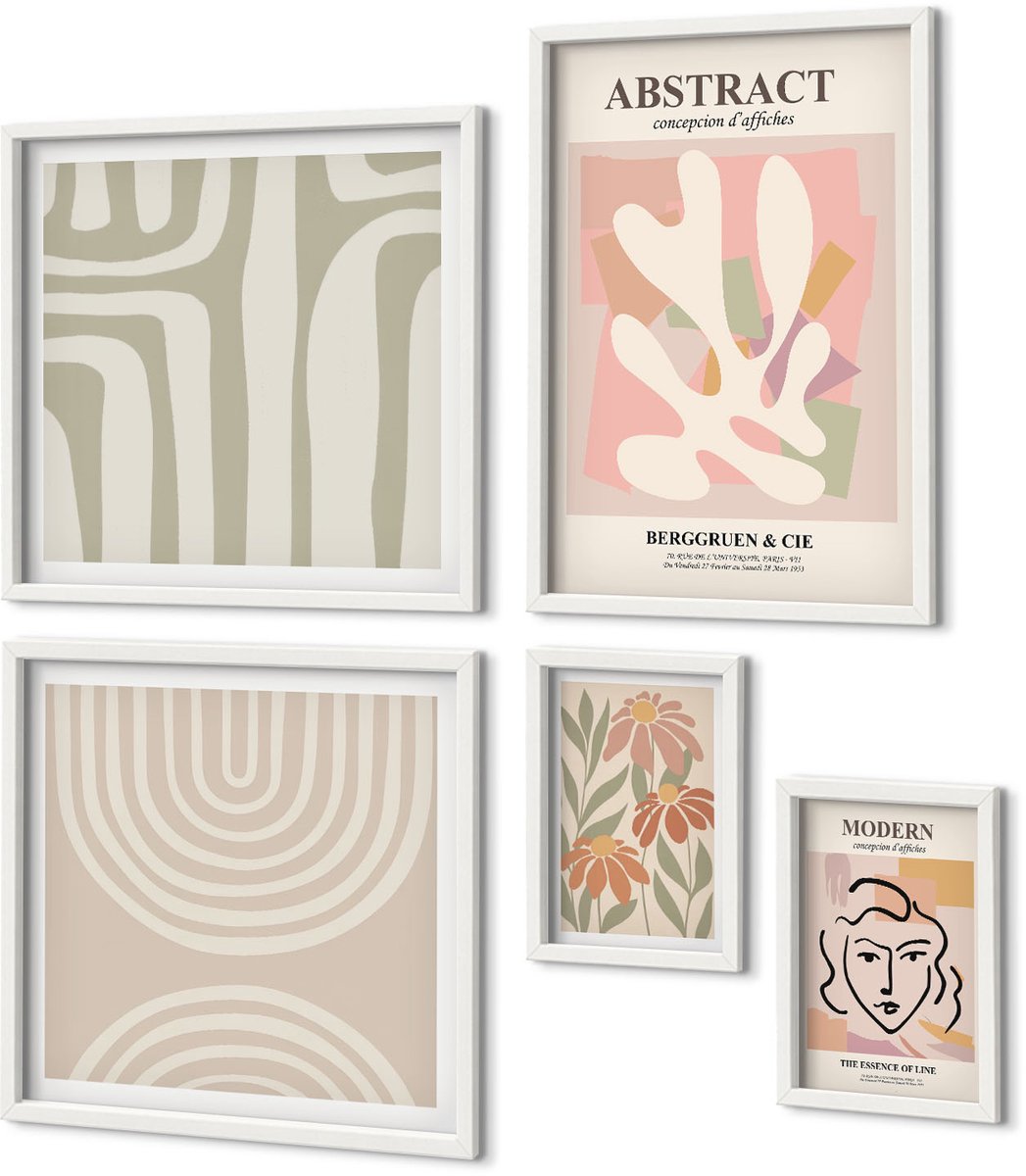 Coloray 5-Delige Schilderij Set - Stijlvolle Abstracte Composities Met Plantmotieven - 50 x 50 cm, 20 x 30 cm En 40 x 60 cm - Muurdecoratie - Decoratieve Schilderijen - Wohnzimmer - Wanddecoratie