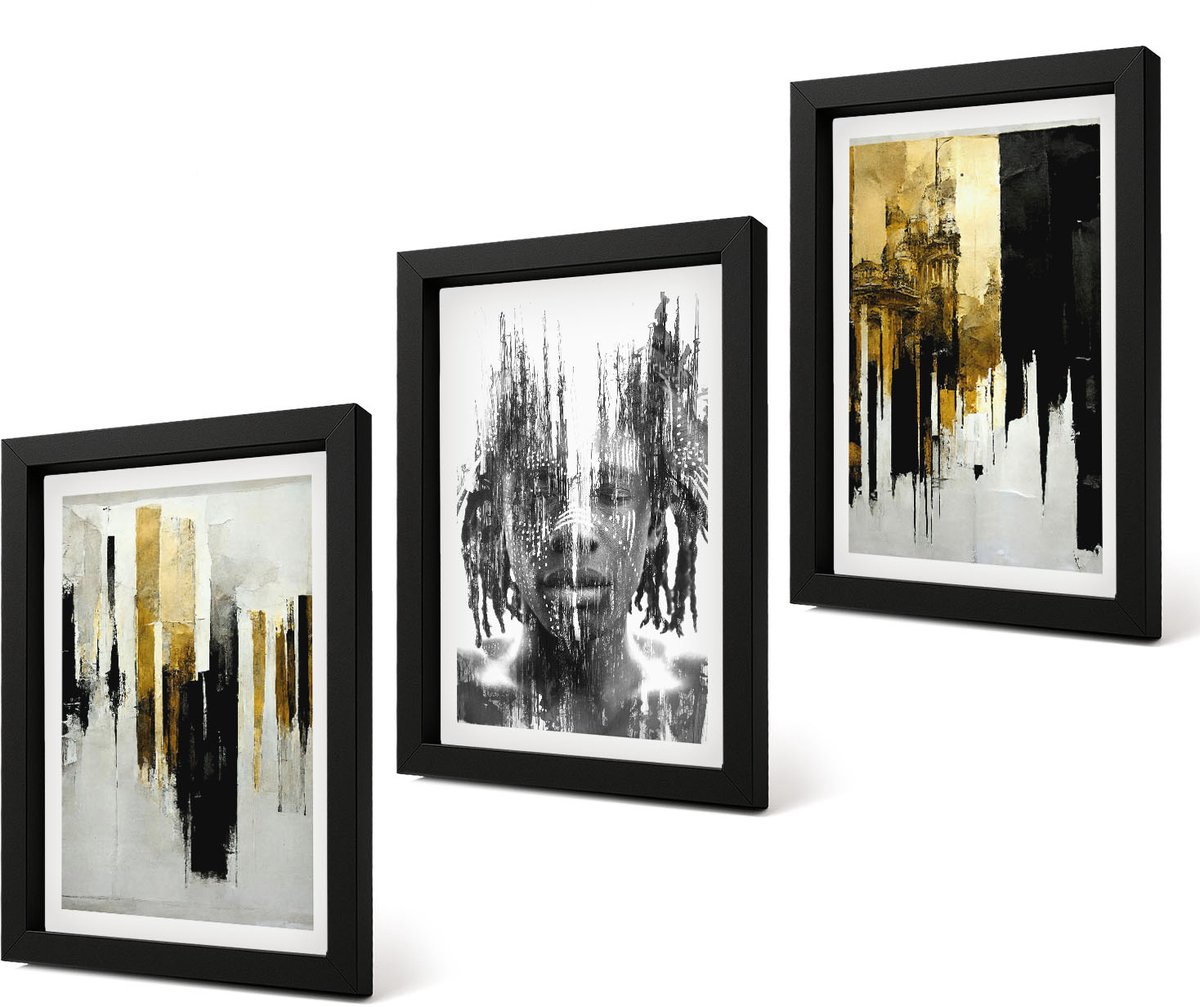 Coloray 4-Delige Schilderij Set - Contrasterende abstracties met portret en architectuur - 20 x 30 cm - Decoratieve Schilderijen - Woonkamer - Interieur - Moderne Wanddecoratie