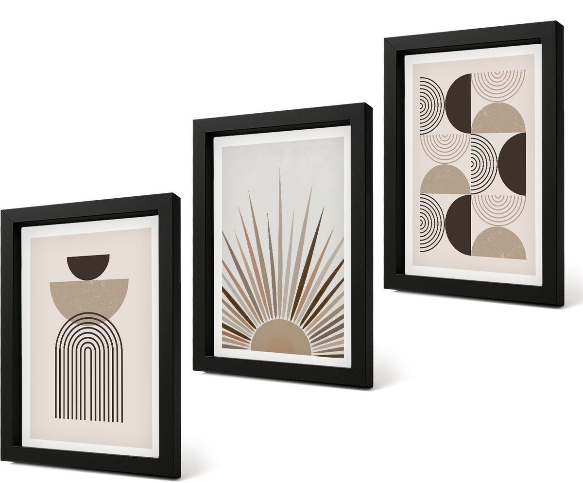 Coloray 4-Delige Schilderij Set - Abstracte vormen in beige en bruine tinten. - 20 x 30 cm - Schilderijen Set - Wanddecoratie - Woonkamer