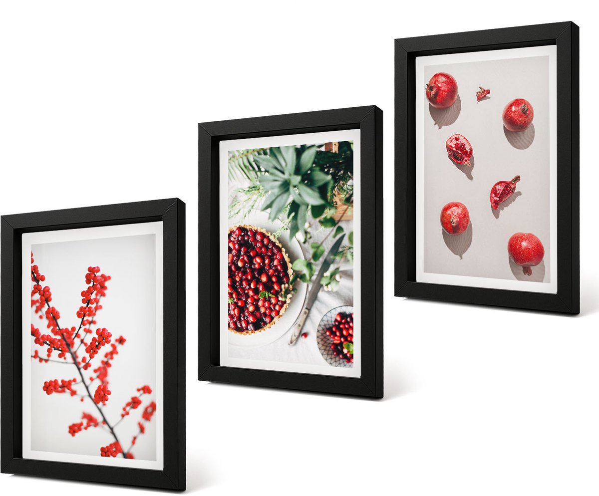 Coloray 4-Delige Schilderij Set - Rode vruchten en planten in een minimalistische stijl - 20 x 30 cm - Wanddecoratie - Schilderijen Set - Kantoor - Muurdecoratie