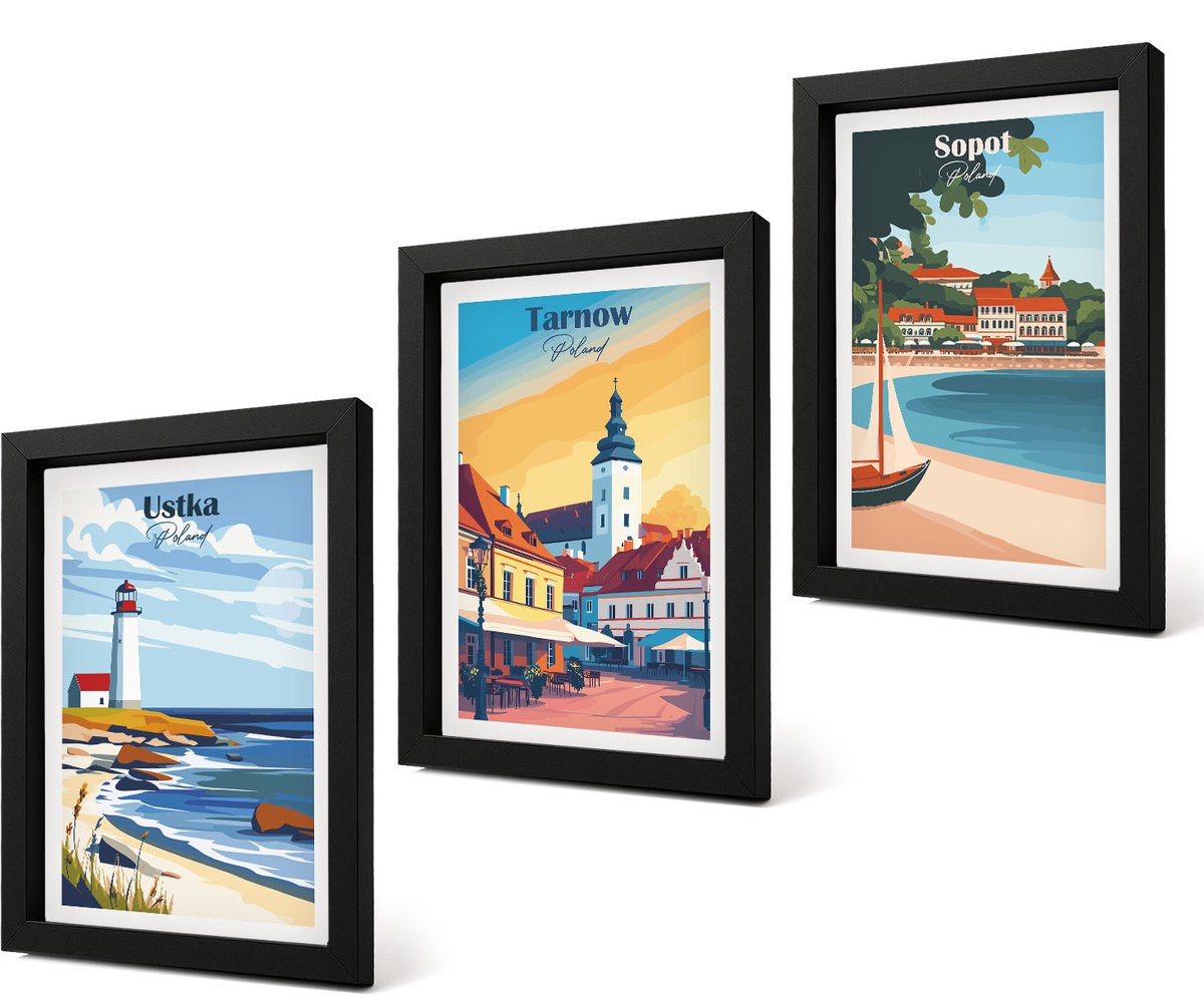 Coloray 4-Delige Schilderij Set - Uitzicht op de Poolse steden Ustka Tarnów Sopot - 20 x 30 cm - Muurdecoratie - Decoratieve Schilderijen - Wohnzimmer
