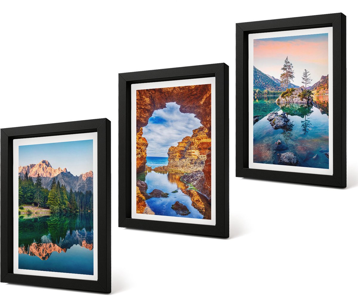 Coloray 4-Delige Schilderij Set - Bergmeren met weerspiegelingen in het water en de rotsen. - 20 x 30 cm - Muurdecoratie - Interieur Decoratie - Woonkamer Decoratie