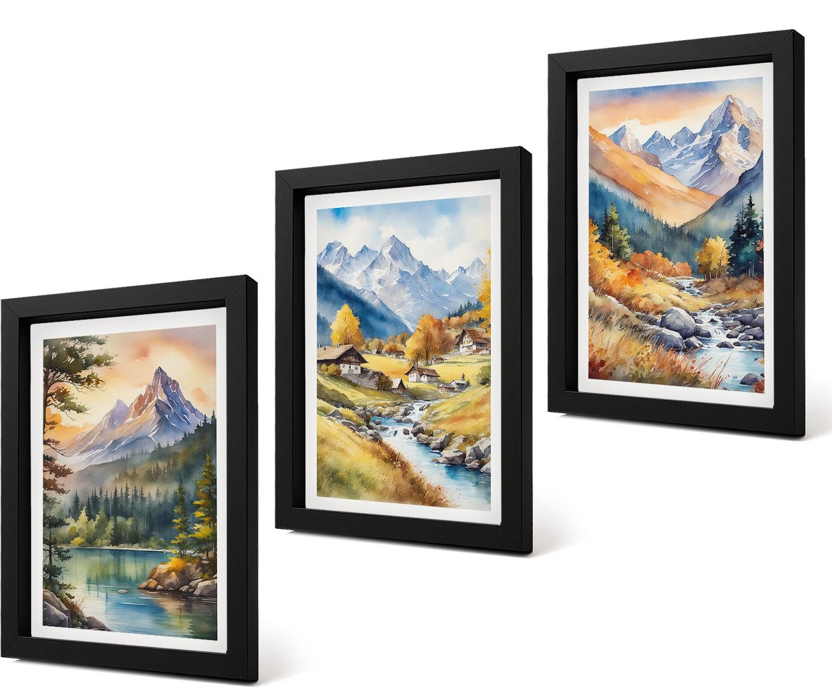 Coloray 4-Delige Schilderij Set - Berglandschap met een rivier en huisjes in herfstkleuren. - 20 x 30 cm - Wanddecoratie - Schilderijen Set - Kantoor - Woonkamer Decoratie