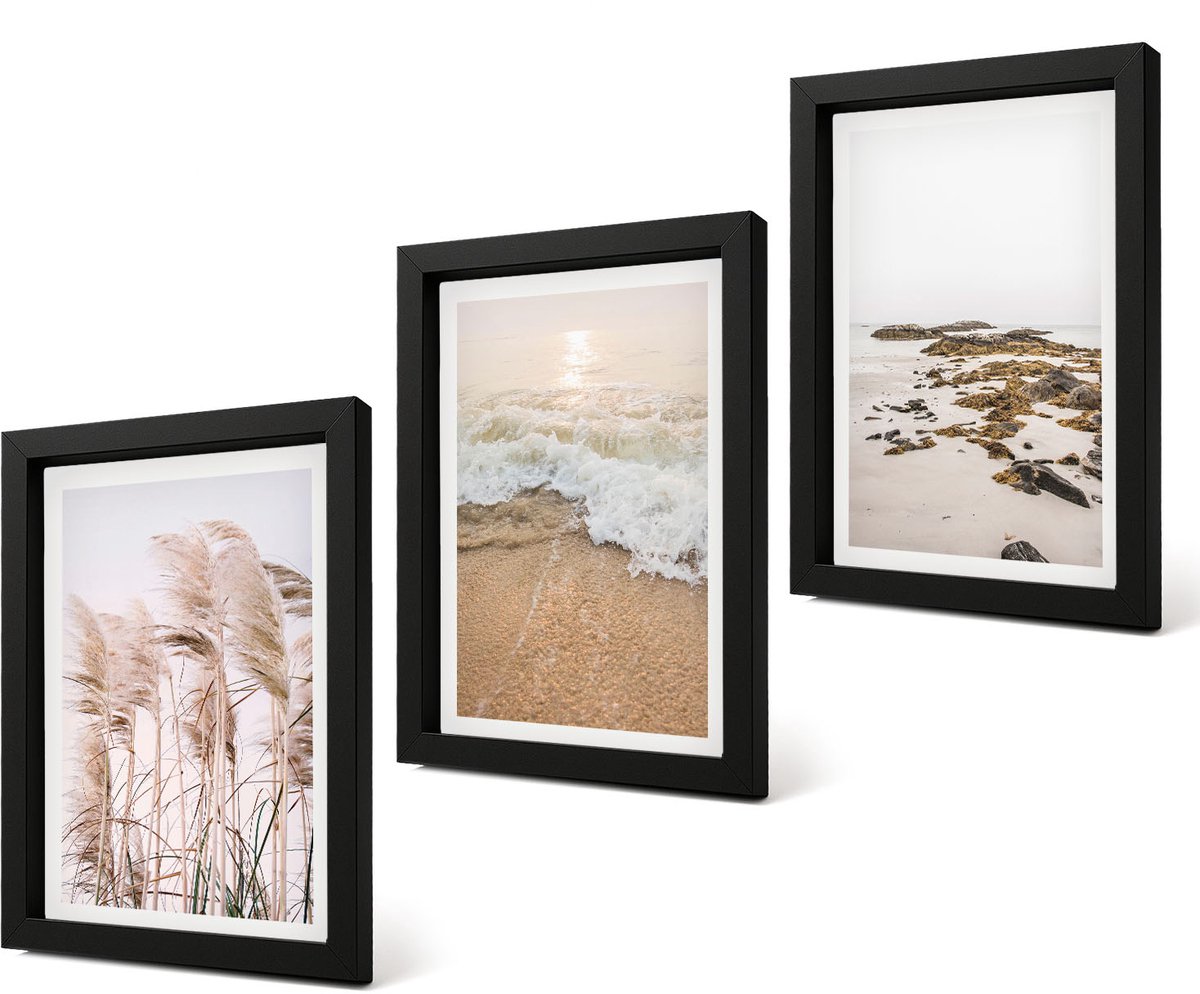 Coloray 4-Delige Schilderij Set - Strandgras, golven en zeestenen, boho - 20 x 30 cm - Wanddecoratie - Moderne Interieurdecoratie - Moderne Wanddecoratie