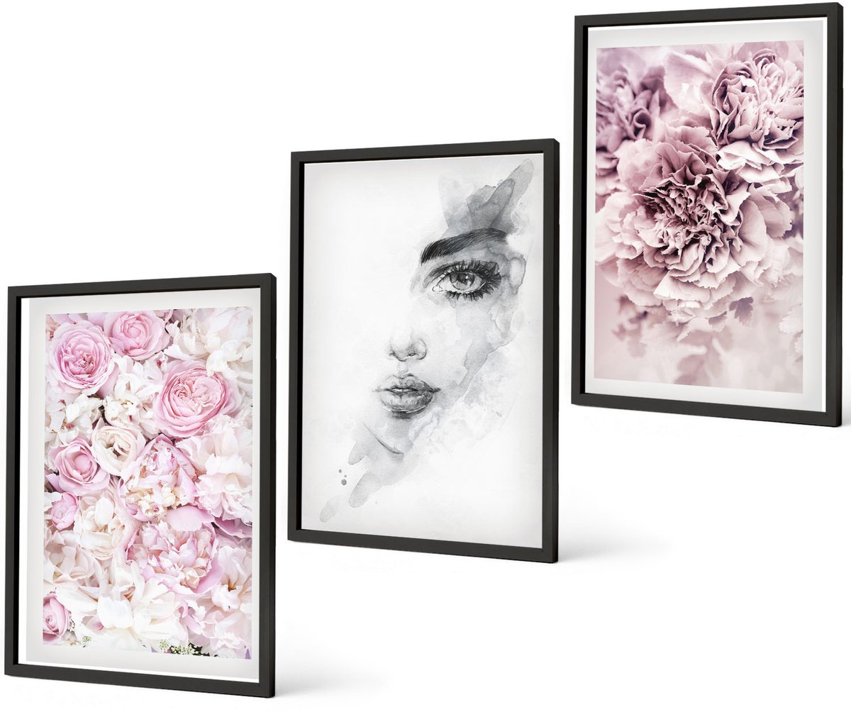 Coloray 3-Delige Schilderij Set - Delicate Peonies Zwart-Wit Portret Van Een Vrouw - 40 x 60 cm - Wanddecoratie - Muurdecoratie - Moderne Interieurdecoratie - Stijlvolle Muurdecoratie