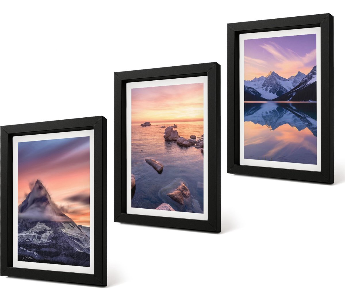 Coloray 4-Delige Schilderij Set - Landschappen, bergen, meren en zonsondergang - 20 x 30 cm - Wanddecoratie - Schilderijen Set - Kantoor - Interieur Decoratie