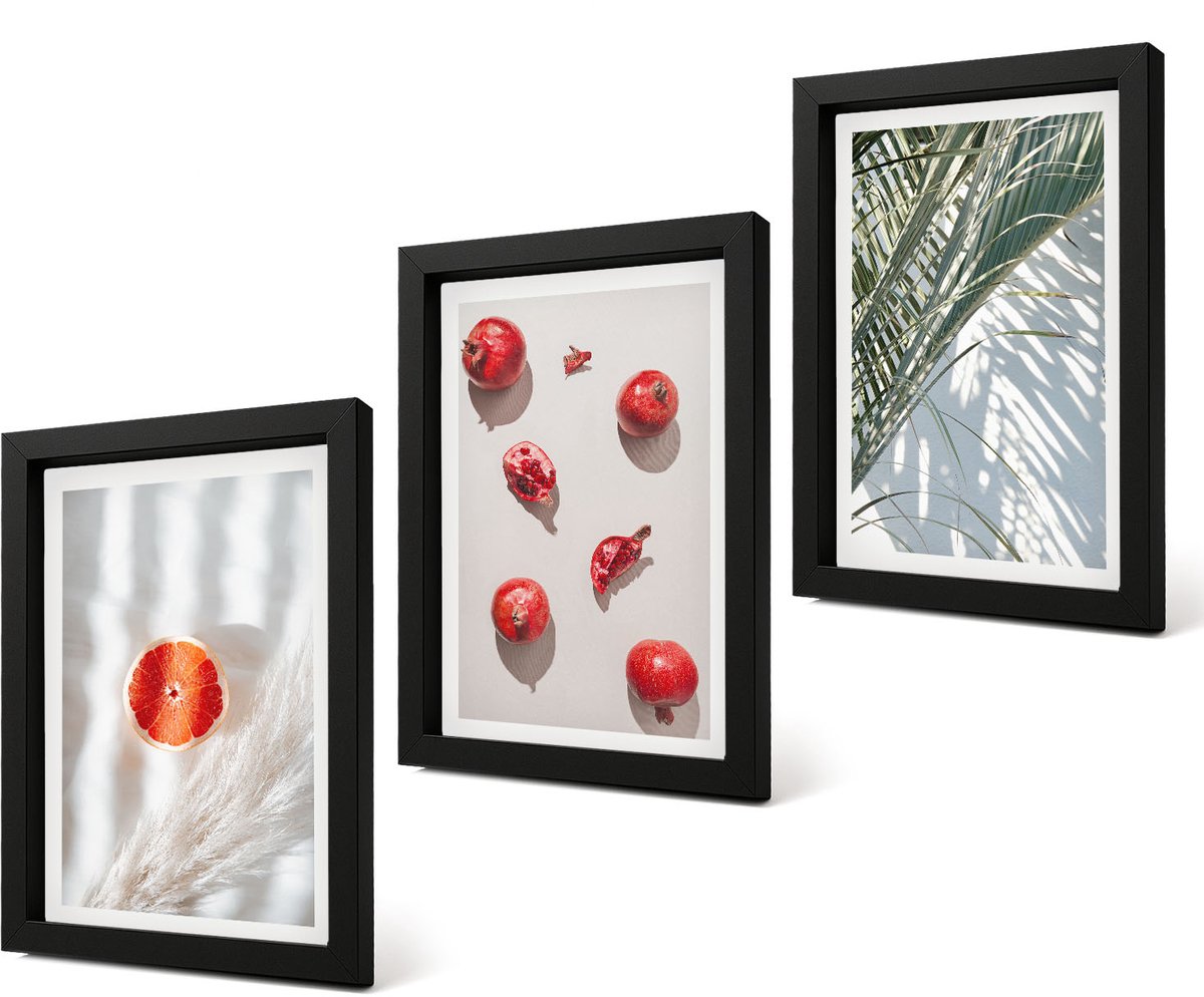 Coloray 4-Delige Schilderij Set - Tropische zomervruchten, palmbladeren - 20 x 30 cm - Wanddecoratie - Schilderijen Set - Interieur - Interieur Decoratie
