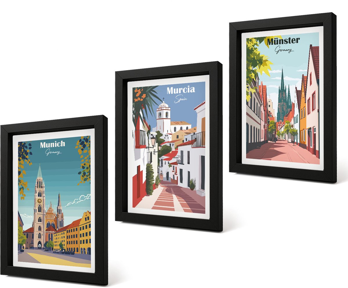 Coloray 4-Delige Schilderij Set - Europese steden in kleurrijke illustraties - 20 x 30 cm - Decoratieve Muurdecoratie - Slaapkamer - Woonkamer Decoratie