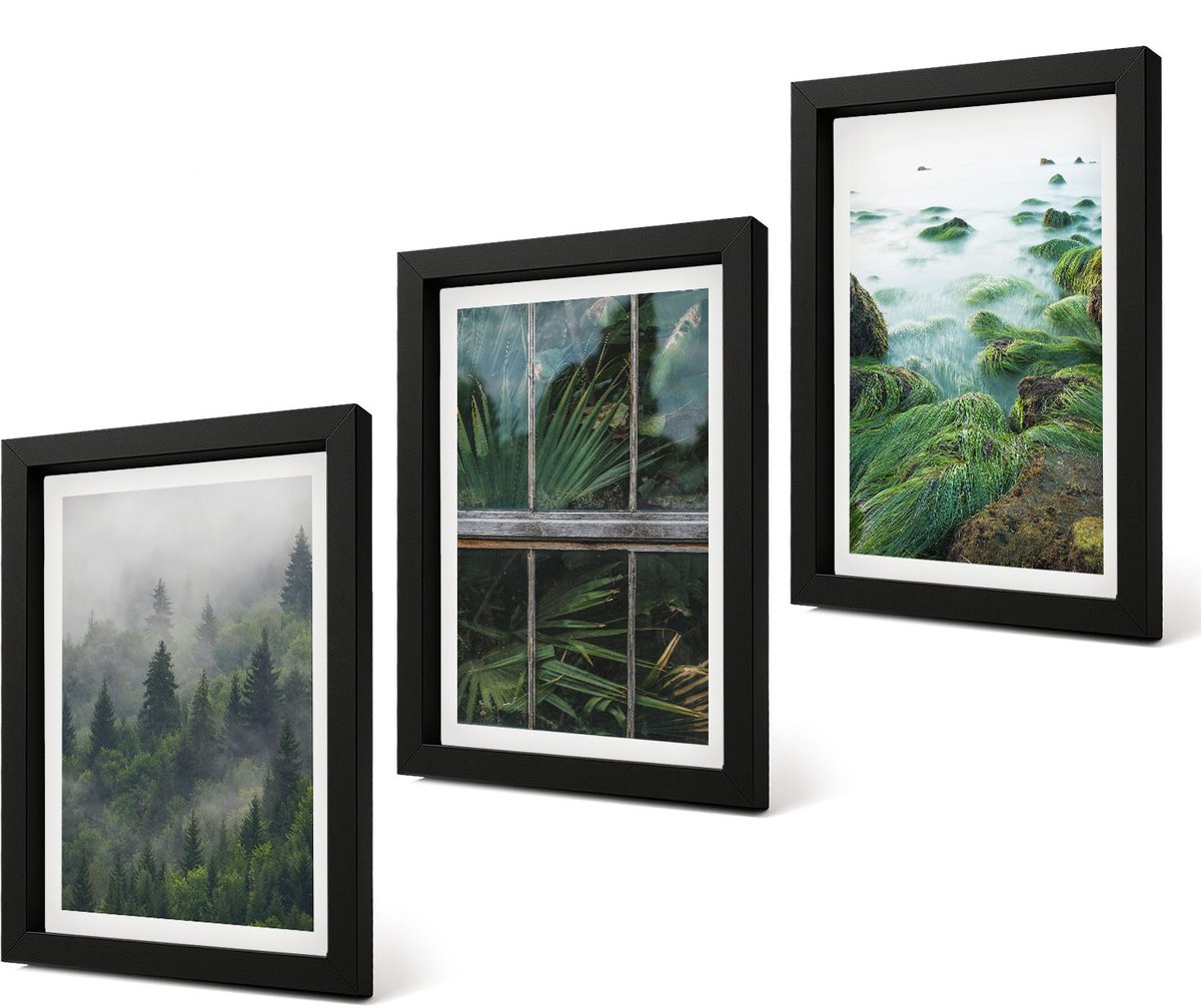Coloray 4-Delige Schilderij Set - Bos in de mist, rivieroever en kas met planten - 20 x 30 cm - Wanddecoratie - Muurdecoratie - Woonkamer - Woonkamer Decoratie