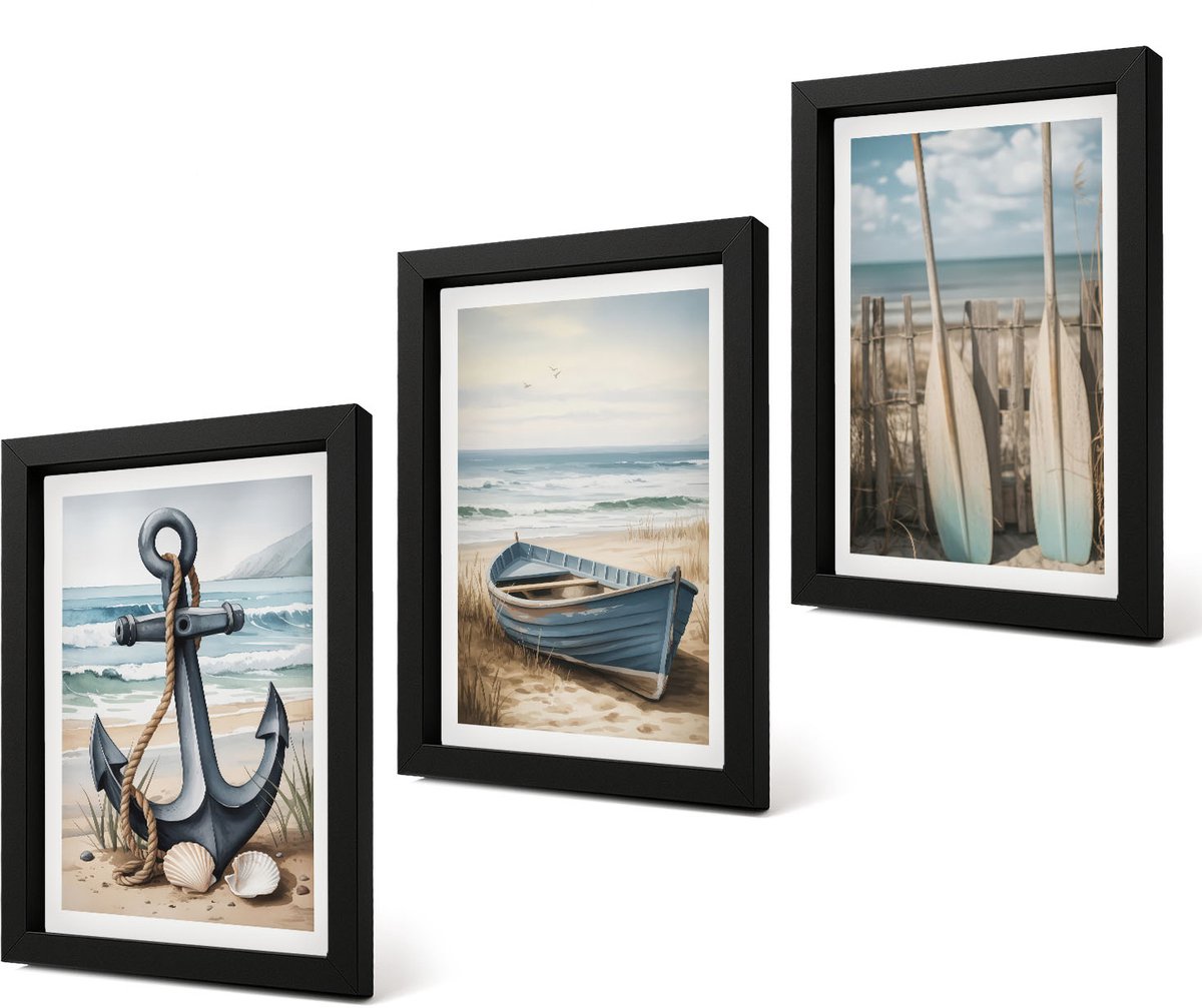 Coloray 4-Delige Schilderij Set - Bootanker en roeispanen op het strand met de zee - 20 x 30 cm - Moderne Wanddecoratie - Woonkamer - Woonkamer Decoratie