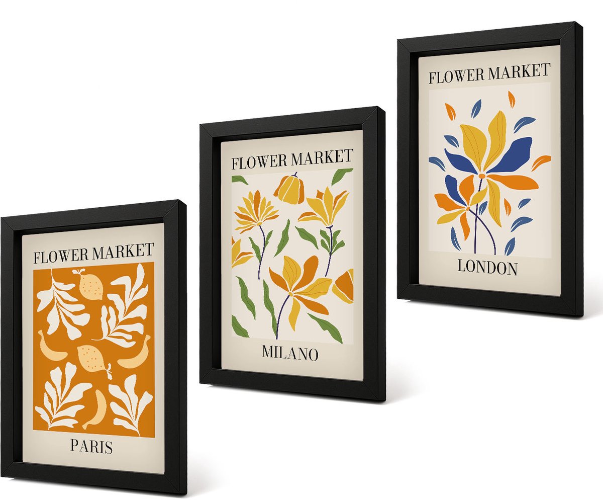 Coloray 4-Delige Schilderij Set - Bloemenposters Parijs Milaan Londen - 20 x 30 cm - Stijlvolle Wanddecoratie - Interieur - Stijlvolle Muurdecoratie