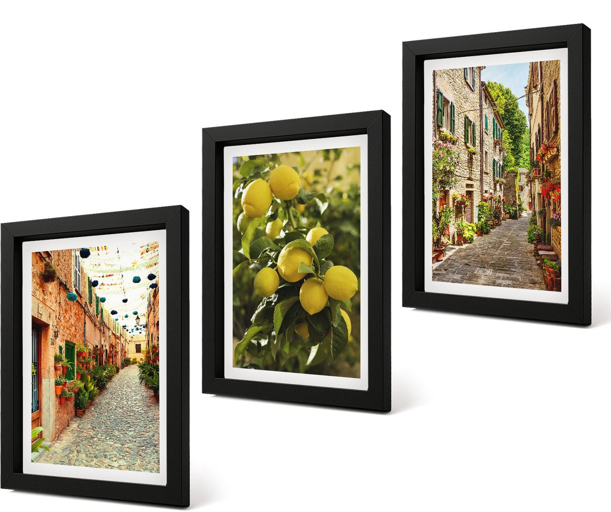 Coloray 4-Delige Schilderij Set - Sfeervolle straatjes met bloemen en citroenen op de achtergrond. - 20 x 30 cm - Moderne Wanddecoratie - Slaapkamer