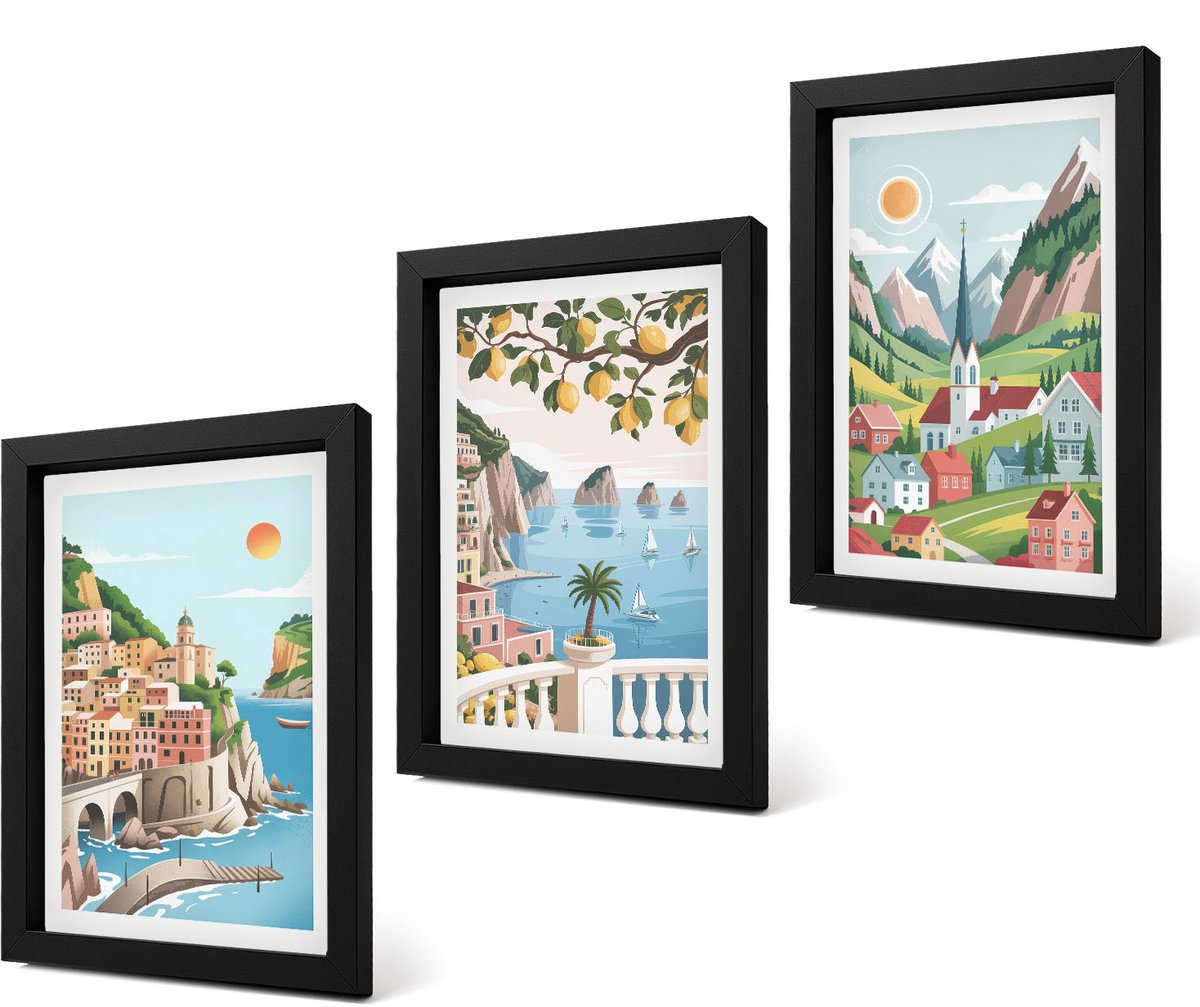 Coloray 4-Delige Schilderij Set - Schilderachtige landschappen met zee en citrusvruchten - 20 x 30 cm - Decoratieve Schilderijen - Woonkamer - Interieur - Moderne Wanddecoratie