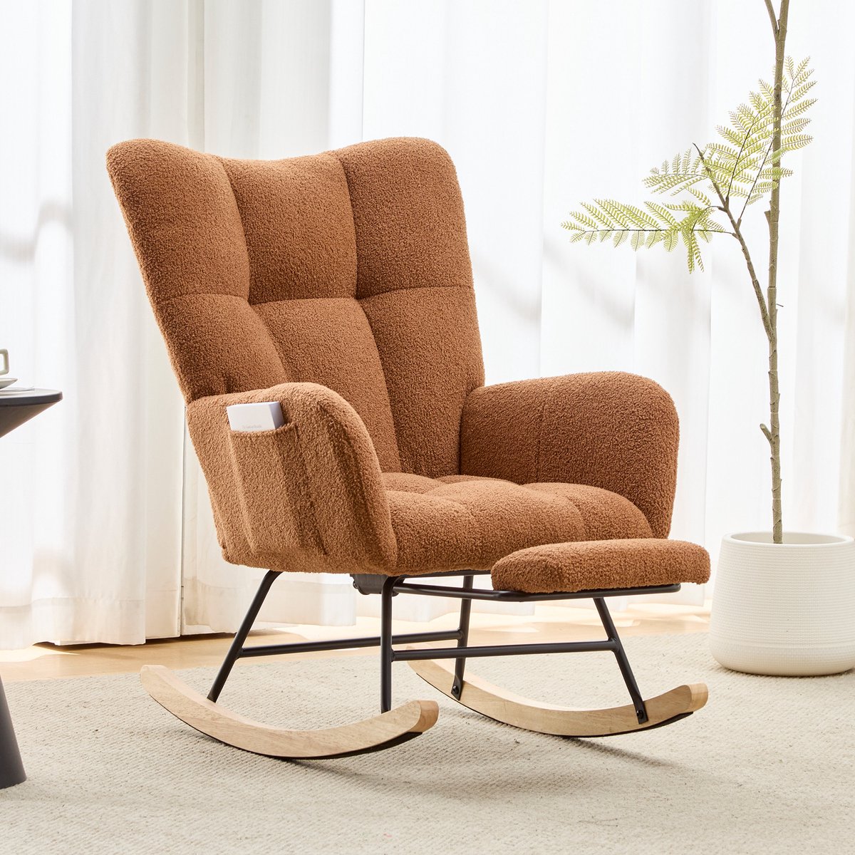 Moderne Teddy Schommelstoel met Voetenbank - Relaxstoel Set - Hoge Rugleuning en Armleuningen - Comfortabele Relaxfauteuil - Zachte Vulling - Voor Woonkamer en Slaapkamer-Bruin