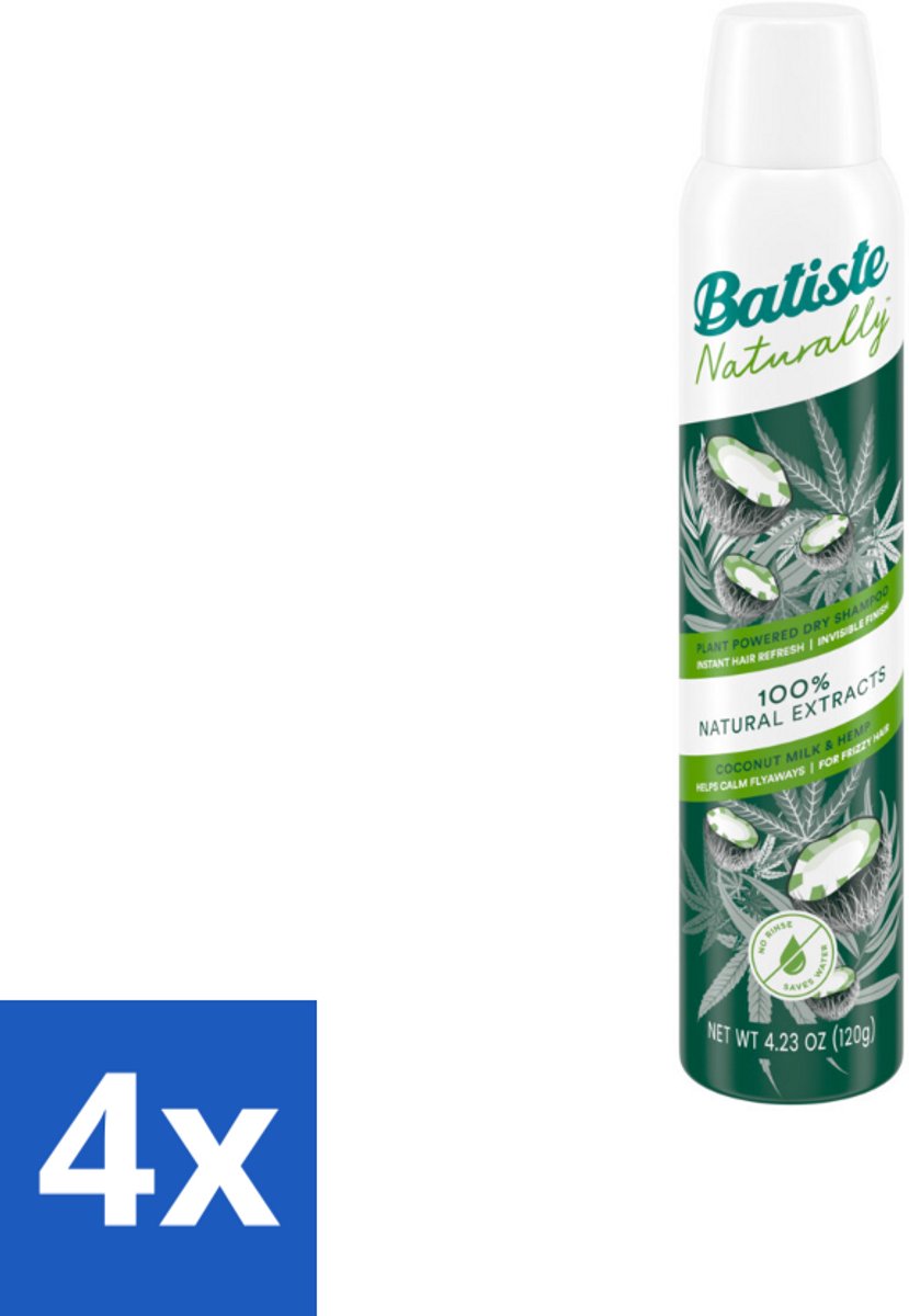 4 x Batiste - Naturally Coconut Milk & Hemp Seed Oil - Droogshampoo - Anti-Pluis en Verfrist - 100% Natuurlijk - 200ml - Droogshampoo - Kokosmelk - Hennepzaadolie - Natuurlijke Haarverzorging - Anti-pluis