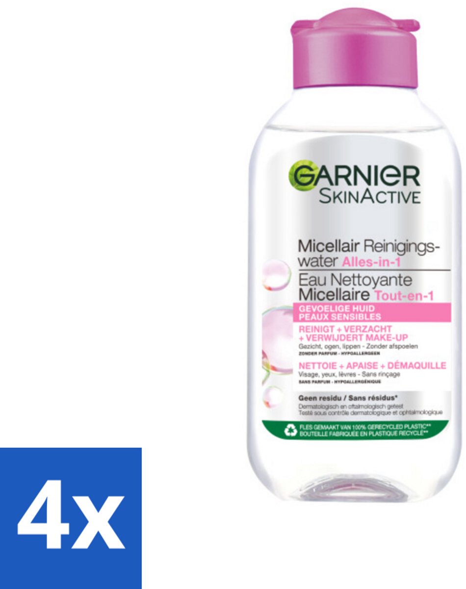 4 x Garnier - SkinActive - Micellair Reinigingswater - Gevoelige Huid - Reisformaat - 100 ml - Micellair Water - Gezichtsreiniger - Make-up Remover - Gevoelige Huid - Reisformaat