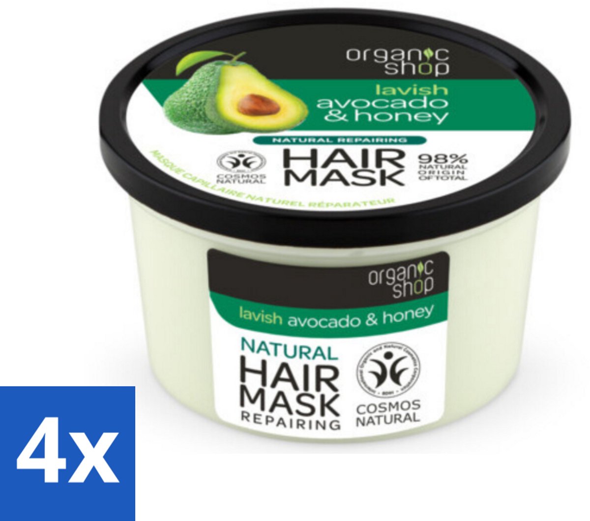 4 x Organic Shop - Haarmasker Avocado & Honey - Hydraterend en Verzachtend - 250 ml - Haar Masker - Avocado - Honing - Hydraterend - Verzachtend