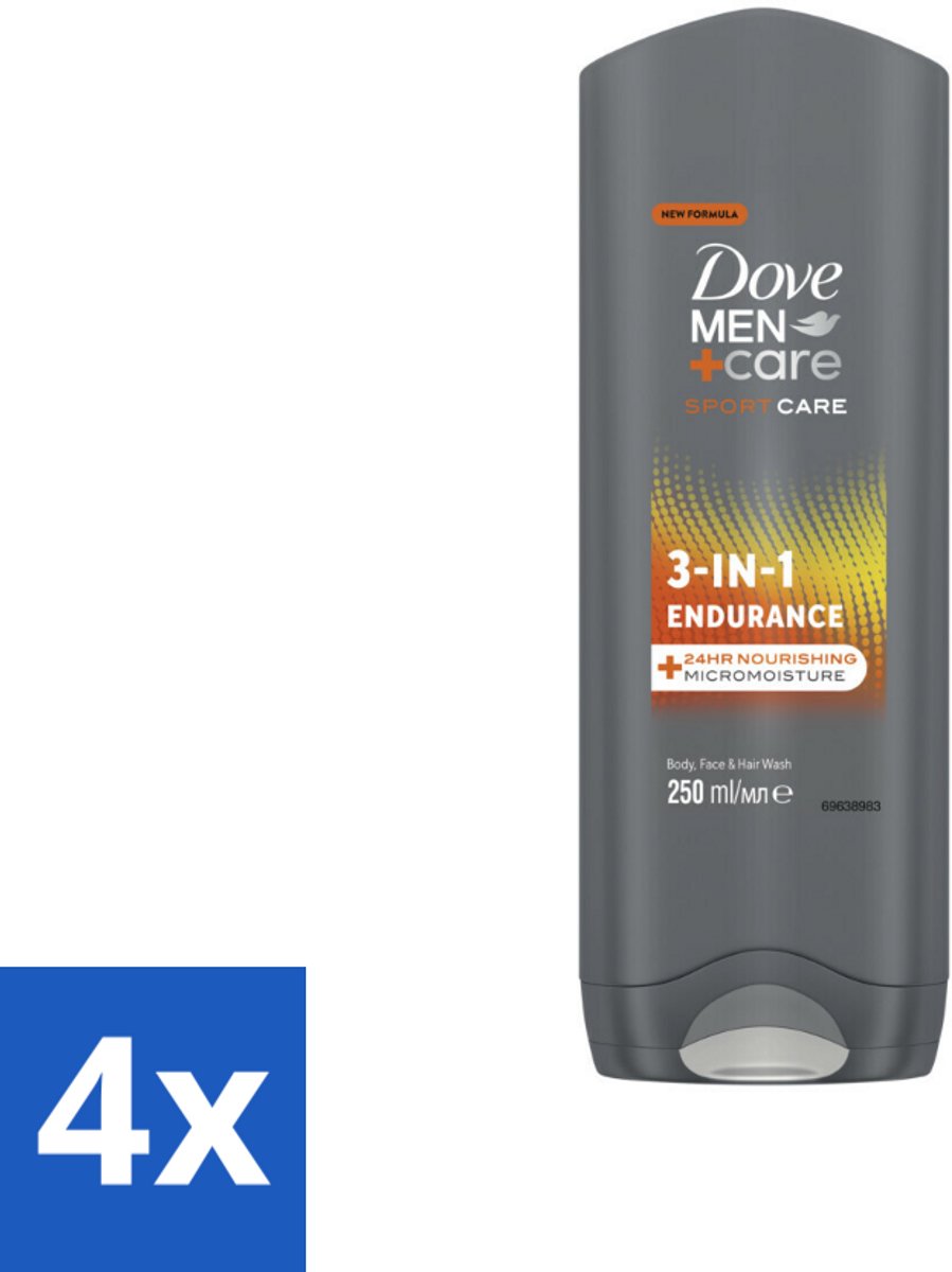 4 x Dove Men+Care 3-in-1 Douchegel - Sport - 250 ml - 3-in-1 Douchegel - Sportdouche - Mannenhuid - Hydratatie - MicroMoisture
