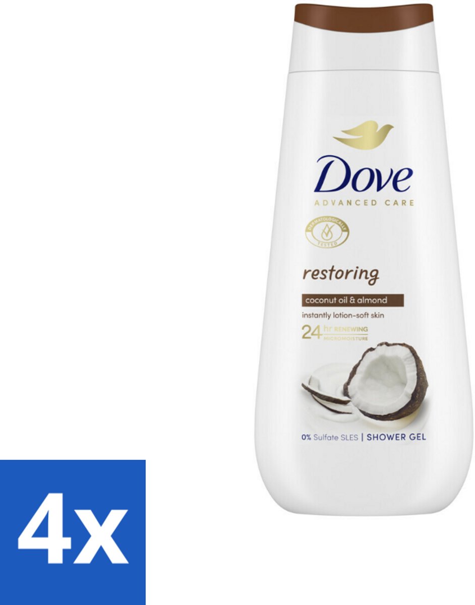 4 x Dove Douchecrème - Restoring - Kokos & Amandel - 225 ml - Douchegel - Dove - Hydraterende Douchegel - Kokosolie - Amandelextract
