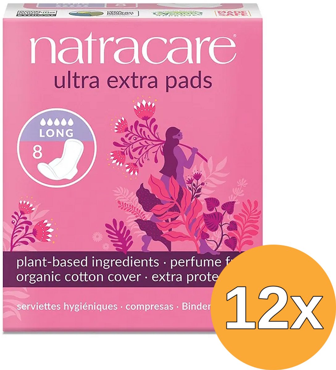 12x Natracare Maandverband Ultra Extra Pads Long (8 stuks)