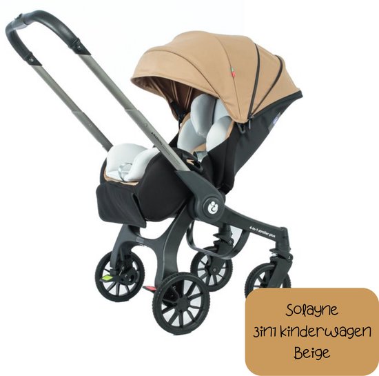Solayne 3-in-1 kinderwagen in beige met grijze duwstang en zwarte details. Inklapbaar frame met vier wielen.