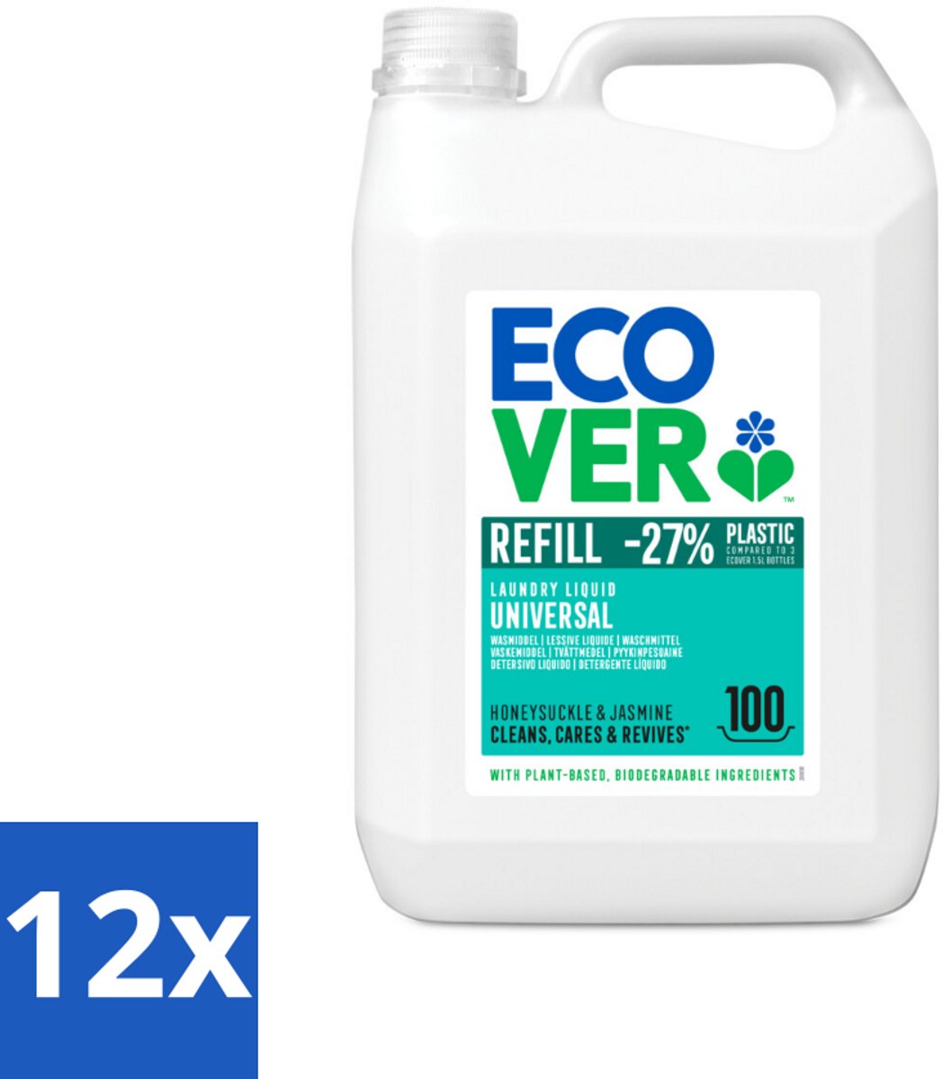 12 x Ecover - Vloeibaar wasmiddel - Universeel - Kamperfoelie & Jasmijn - 5 liter - 100 wasbeurten - Wasmiddel - Biologisch Wasmiddel - Plantaardig Wasmiddel - Vlekkenverwijderaar - Wasmiddel Kamperfoelie