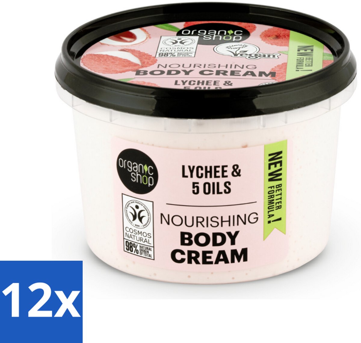 12 x Organic Shop - Nourishing Body Cream Lychee - Hydraterend en Voedend - 250 ml - Organische Bodycrème - Voedende Bodycrème - Lychee Bodycrème - Hydraterende Bodycrème - Natuurlijke Bodycrème