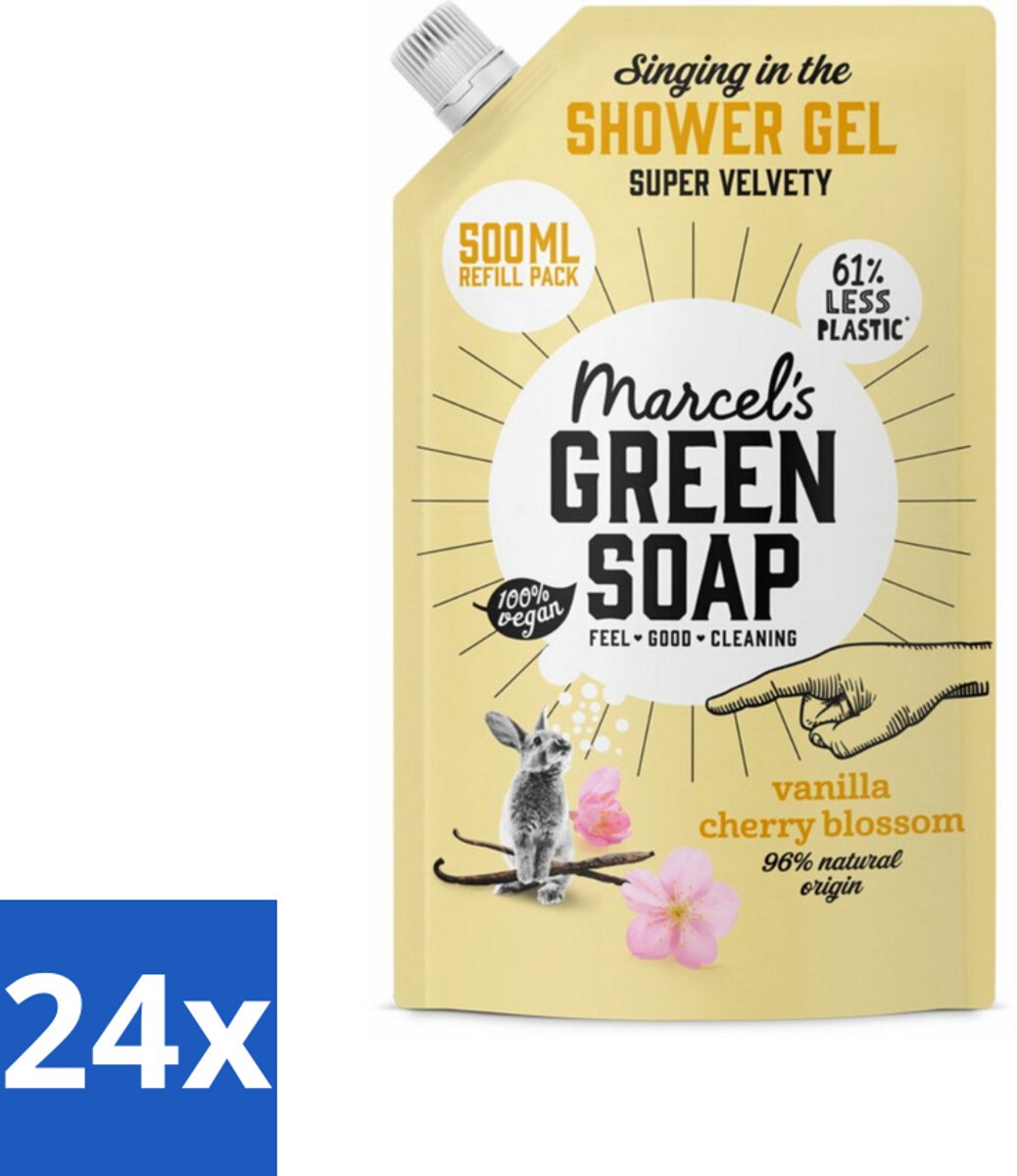24 x Marcel's Green Soap - Shower Gel - Navulling - Vanille & Kersenbloesem - Krachtige werking - 500 ml - Douchegel - Navulverpakking - Biologische Douchegel - Vegan Douchegel - Natuurlijke Ingrediënten
