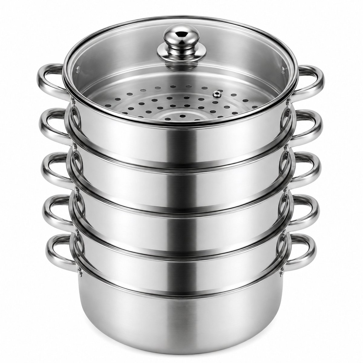 DPLUNIQ Pannen - Stoompan - Stoomkoker - Kookgerei - 5 Laags - RVS - 32cm - Incl. deksel & handvat - Vaatwasser bruikbaar - Zilver