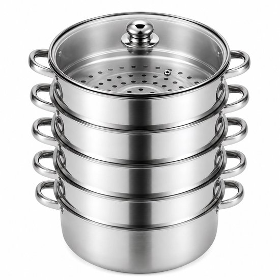 DPLUNIQ Pannen - Stoompan - Stoomkoker - Kookgerei - 5 Laags - RVS - 32cm - Incl. deksel & handvat - Vaatwasser bruikbaar - Zilver