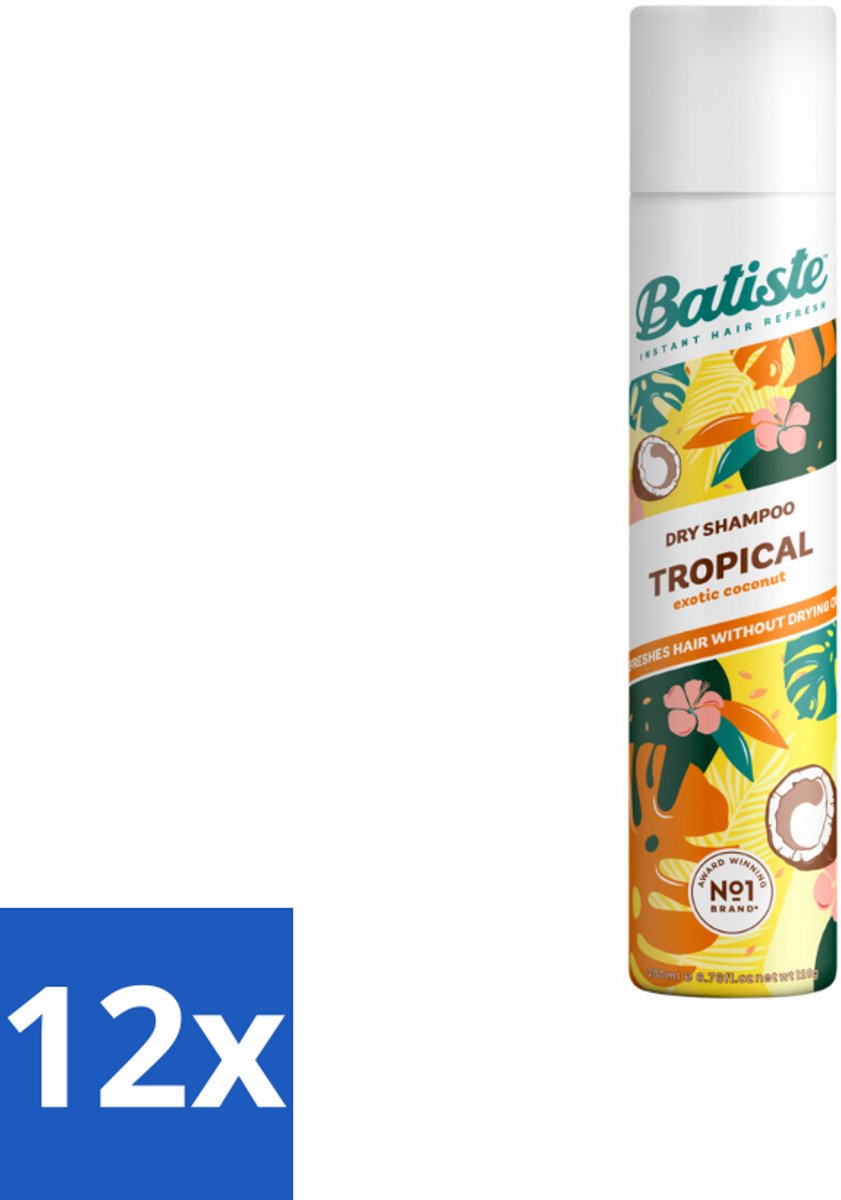 12 x Batiste - Tropical - Droogshampoo - Tropische Geur - Verfrist en Stylet - 200ml - Droogshampoo - Tropical Geur - Kokos - Exotische Geur - Fris Haar