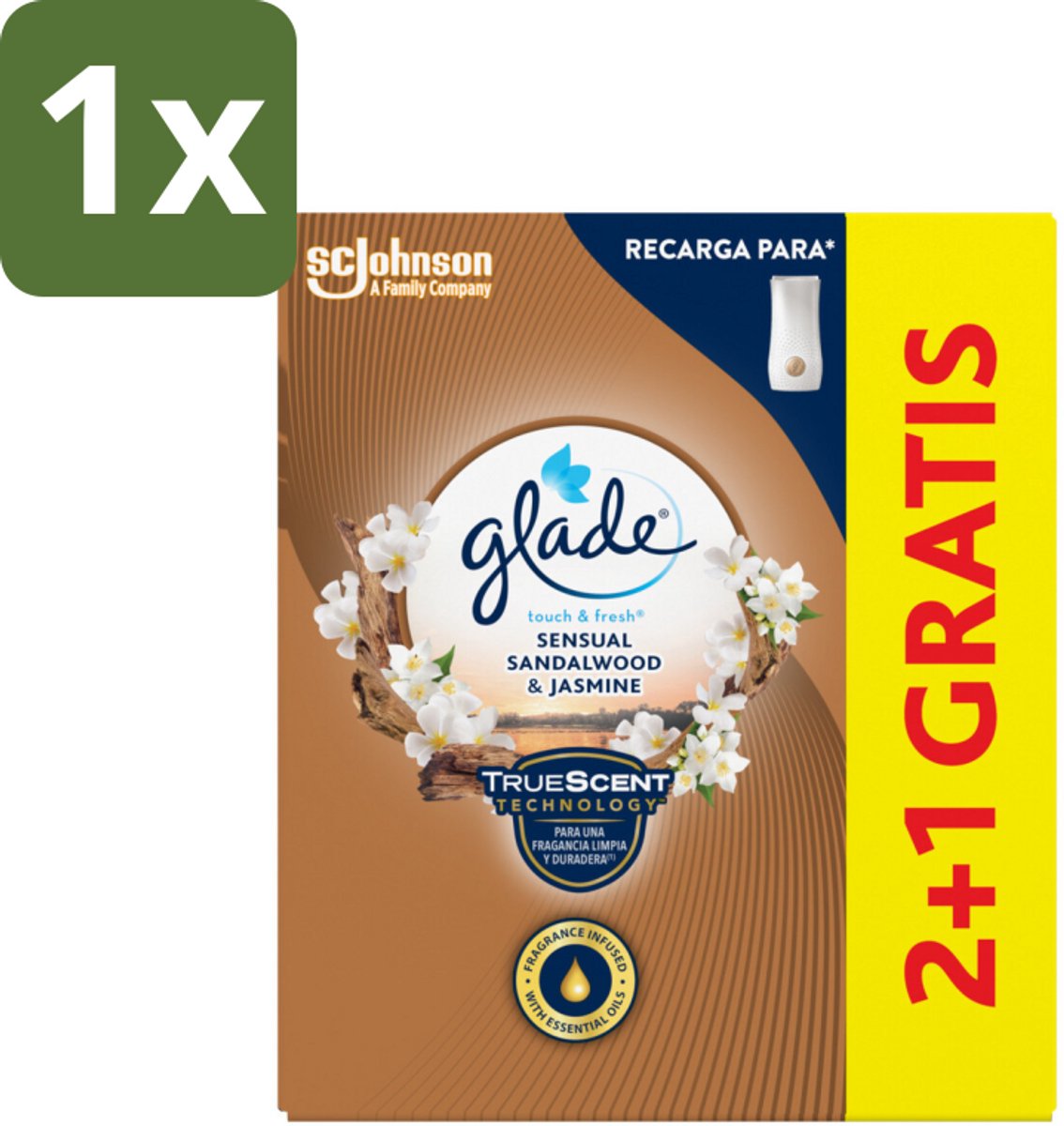 1 x Glade - Touch & Fresh - Sensual Sandelhout Jasmijn - 10 ml - Sandalwood Jasmine Geur - Geurverspreiding - Geurhoudende Navulling - Geurhoudende Geur - Geur In Badkamer