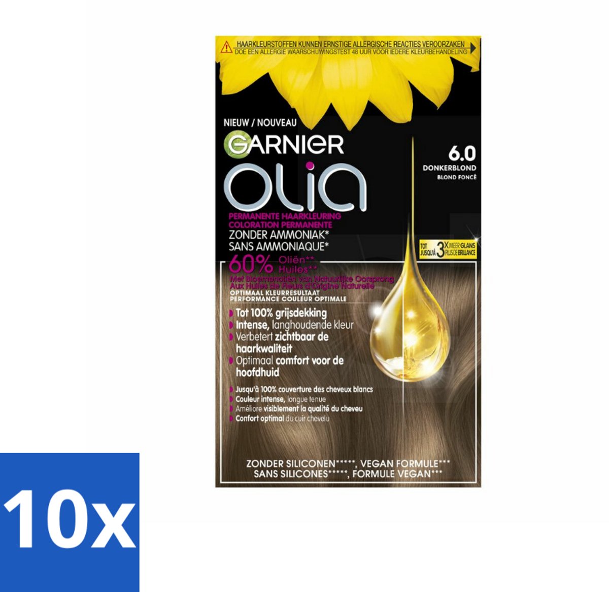 Garnier - Olia 6 - Haarkleuring - Donkerblond - Zonder Ammoniak - Intense Langhoudende Kleur - 100% Grijsdekking - Bulkverpakking - 10 stuks