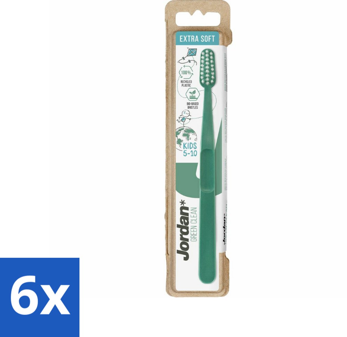 6 x Jordan - Tandenborstel - Green Clean - Extra Soft - 5 tot 10 Jaar - Kinder Tandenborstel - Tandenborstel Voor Kinderen - Duurzame Tandenborstel - Milieuvriendelijke Tandenborstel - Biologische Tandenborstel