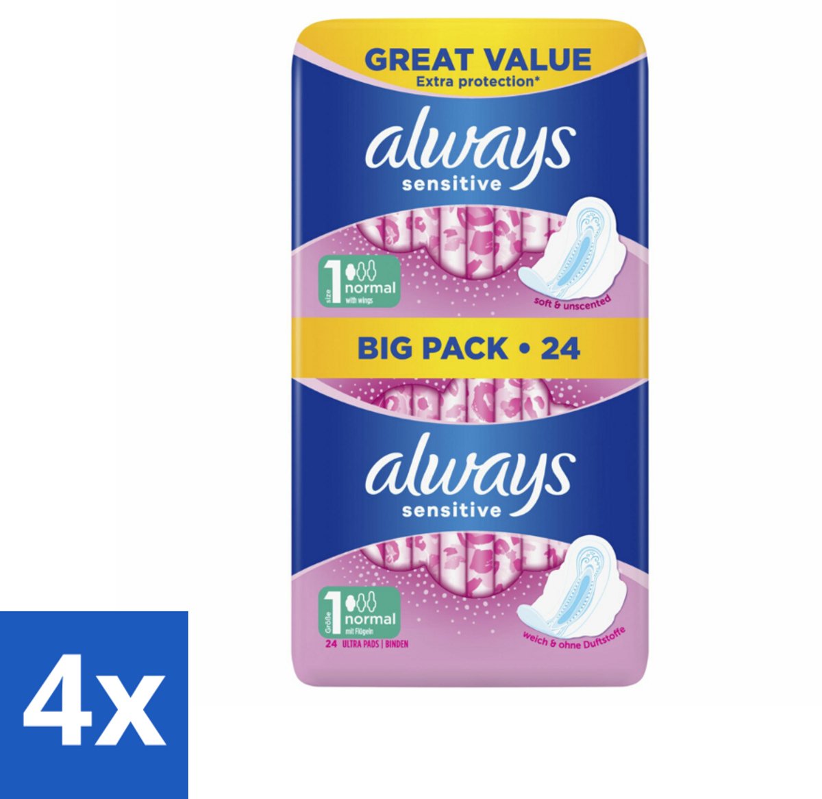 4 x Always - Maandverband - Normal - 24 Maandverband - Maandverband - Maandverband Met Vleugels - Always Sensitive - Gevoelige Huid - Lichte Menstruatie