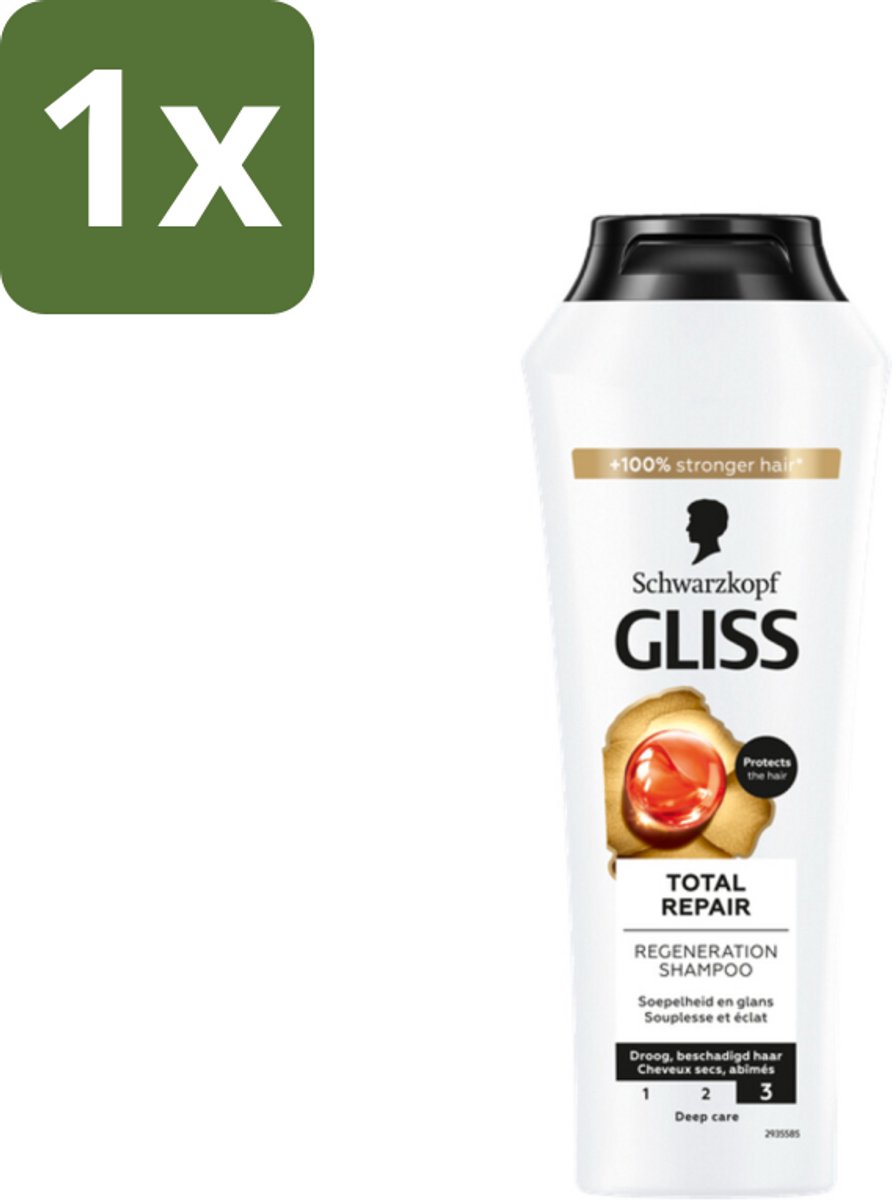 1 x Gliss - Shampoo - Total Repair - Voor Intensief Haarherstel - 250 ml - Haarherstel Shampoo - Beschadigd Haar - Keratine Shampoo - Haarbreuk Verminderen - Glanzend Haar