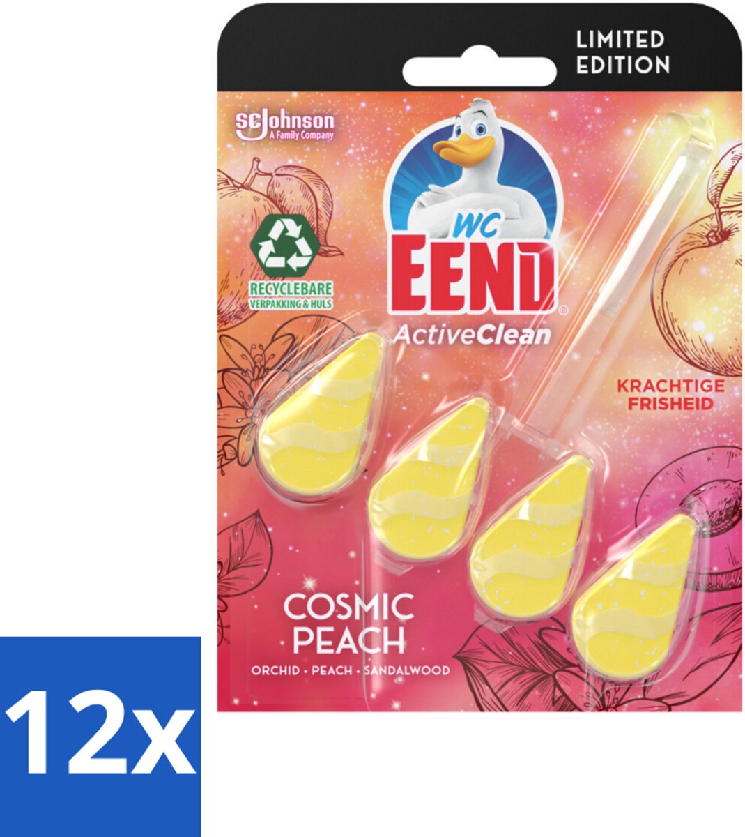 12 x WC Eend - Active Clean Cosmic Peach - Toiletblok - Fruitige Perzikgeur - 38 gr - Toiletblok - Toiletreiniger - Perzikgeur - Wc Reiniger - Wc Blok