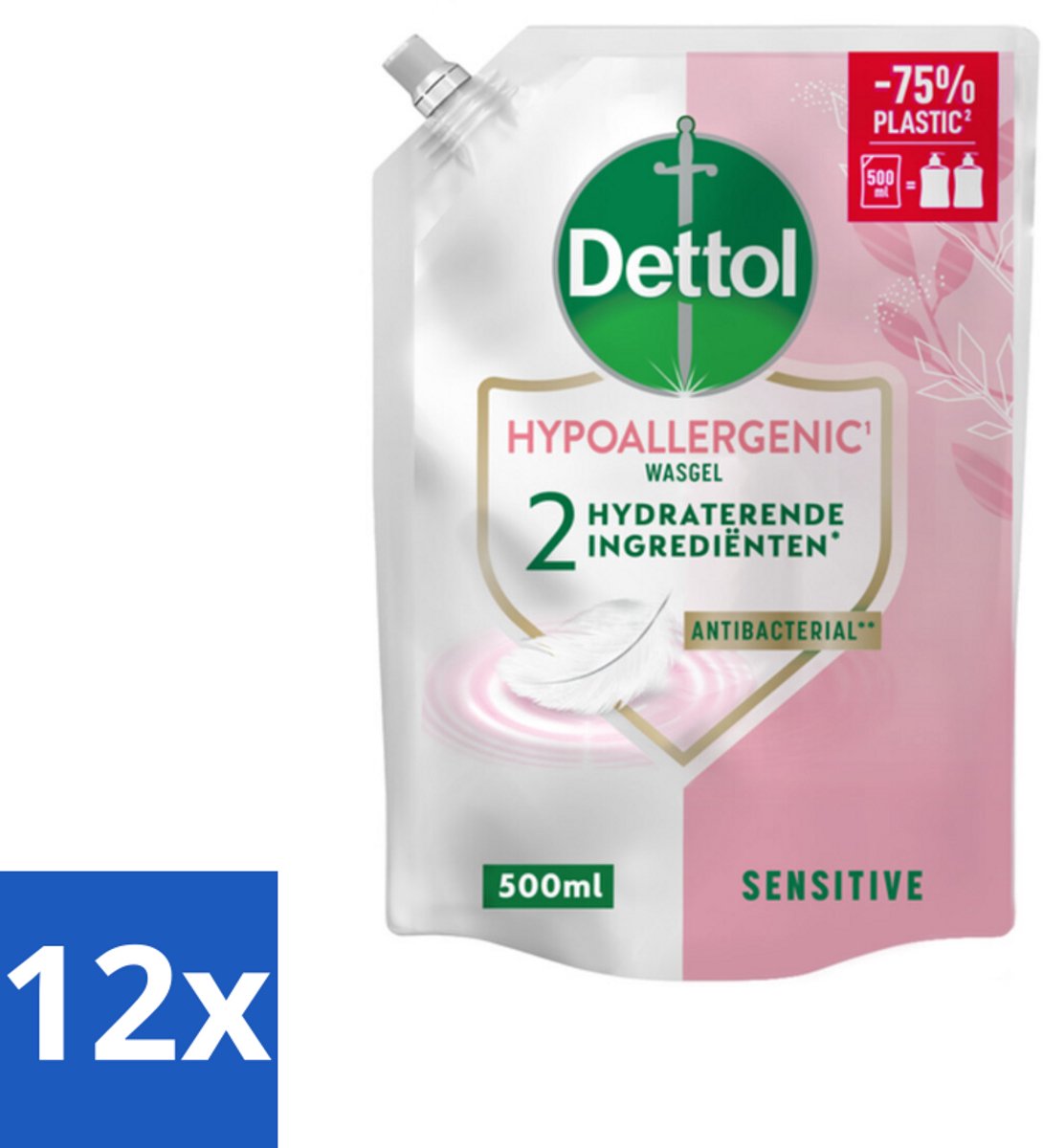 12 x Dettol - Handzeep Navulling - Hypoallergenic - Sensitive - 500 ml - Handzeep Navulling - Hypoallergene Handzeep - Gevoelige Huid - Antibacteriële Zeep - Duurzame Handzeep