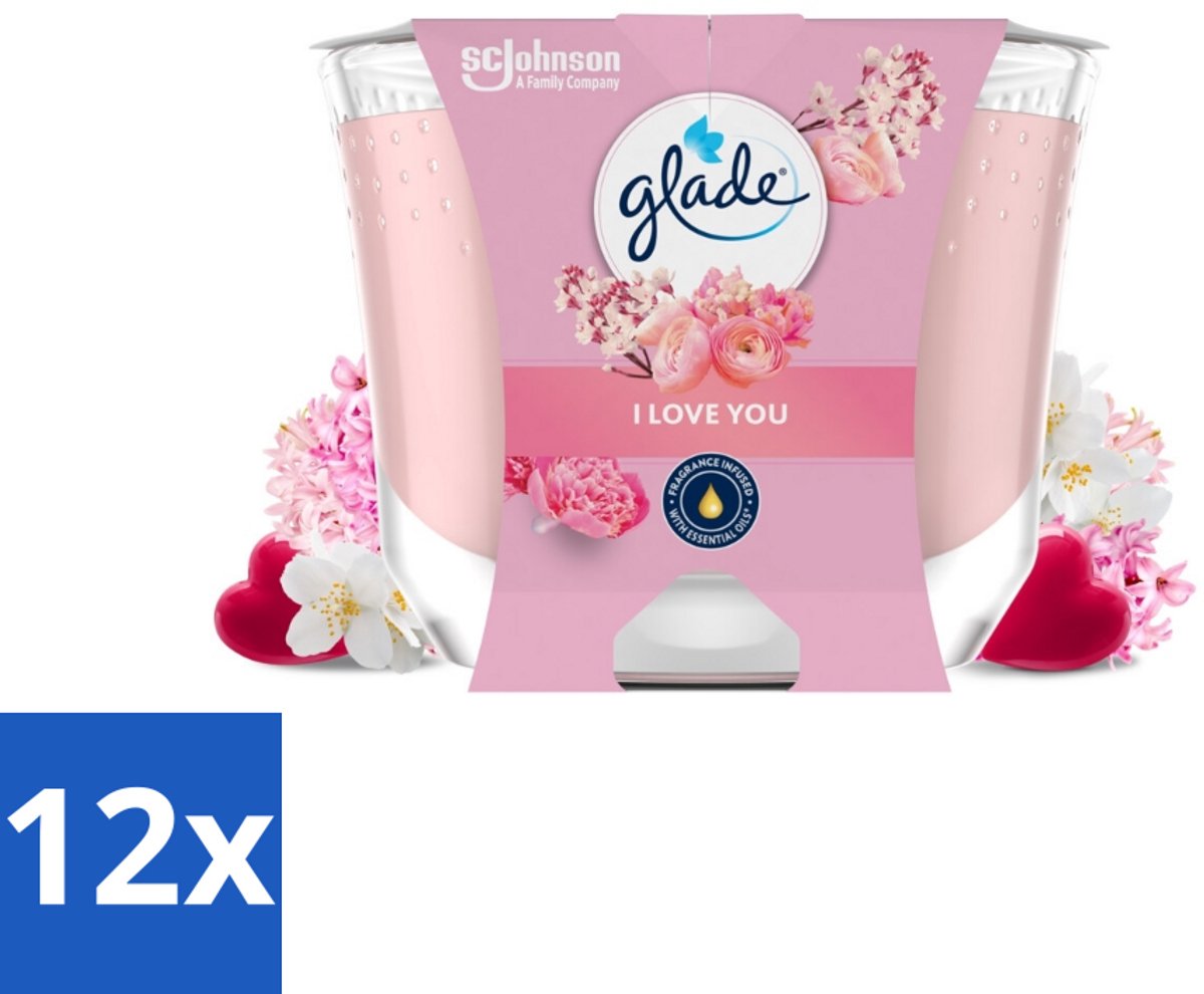 12 x Glade - Geurkaars I Love You - 100% Raapzaadwas - 204 g - Geurkaars - Romantische Geur - Bloemen Geur - Perzik Geur - Meloen Geur