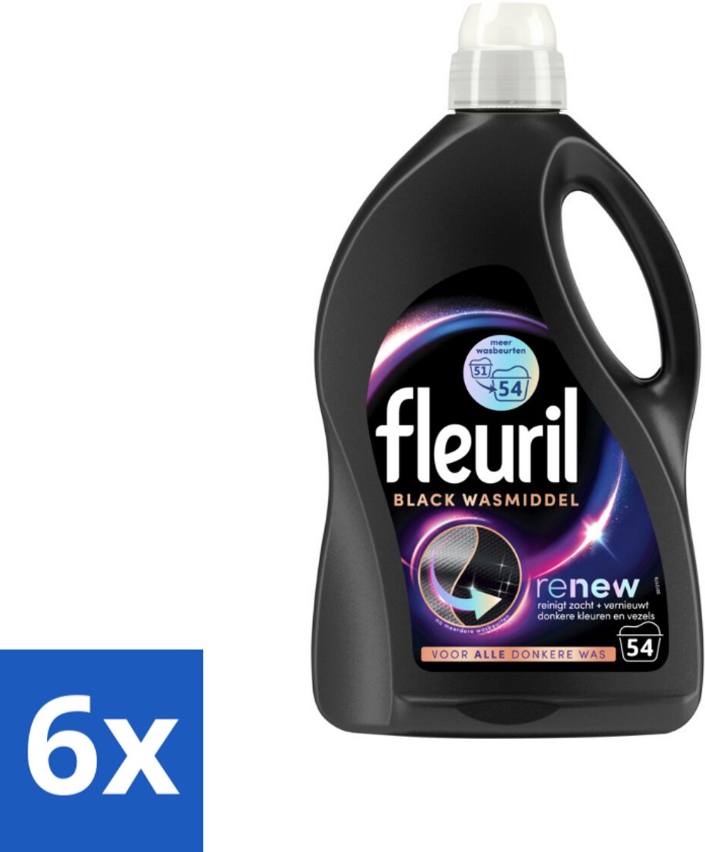 6 x Fleuril - Wasmiddel - Renew Zwart Vloeibaar Wasmiddel - Zwarte Was - 54 wasbeurten - Wasmiddel Zwart - Wasmiddel Donkere Kleding - Wasmiddel Kleurbehoud - Wasmiddel Pluisvrij - Wasmiddel Frisheid